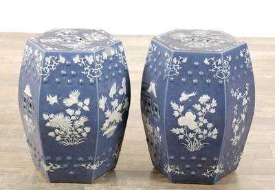 Lot 172 - A PAIR OF 19TH CENTURY CHINESE HEXAGONAL SHAPED BLUE AND WHITE GARDEN SEATS