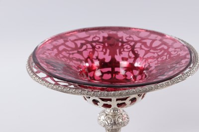 Lot 458 - JOHN SAMUEL HUNT, LONDON. A PAIR OF VICTORIAN SILVER AND RUBY GLASS TAZZAS