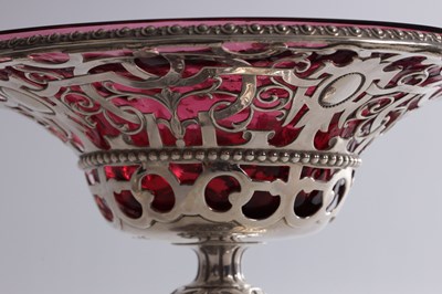 Lot 458 - JOHN SAMUEL HUNT, LONDON. A PAIR OF VICTORIAN SILVER AND RUBY GLASS TAZZAS