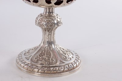 Lot 458 - JOHN SAMUEL HUNT, LONDON. A PAIR OF VICTORIAN SILVER AND RUBY GLASS TAZZAS