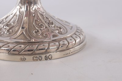 Lot 458 - JOHN SAMUEL HUNT, LONDON. A PAIR OF VICTORIAN SILVER AND RUBY GLASS TAZZAS