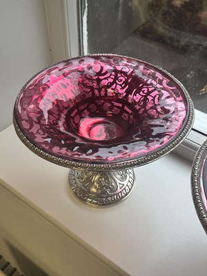 Lot 458 - JOHN SAMUEL HUNT, LONDON. A PAIR OF VICTORIAN SILVER AND RUBY GLASS TAZZAS