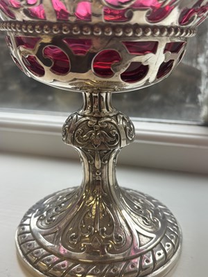 Lot 458 - JOHN SAMUEL HUNT, LONDON. A PAIR OF VICTORIAN SILVER AND RUBY GLASS TAZZAS
