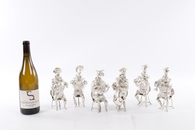 Lot 374 - A SET OF 6 CONTINENTAL SILVER NOVELTY FIGURAL DRINKING POTS