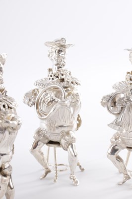 Lot 374 - A SET OF 6 CONTINENTAL SILVER NOVELTY FIGURAL DRINKING POTS