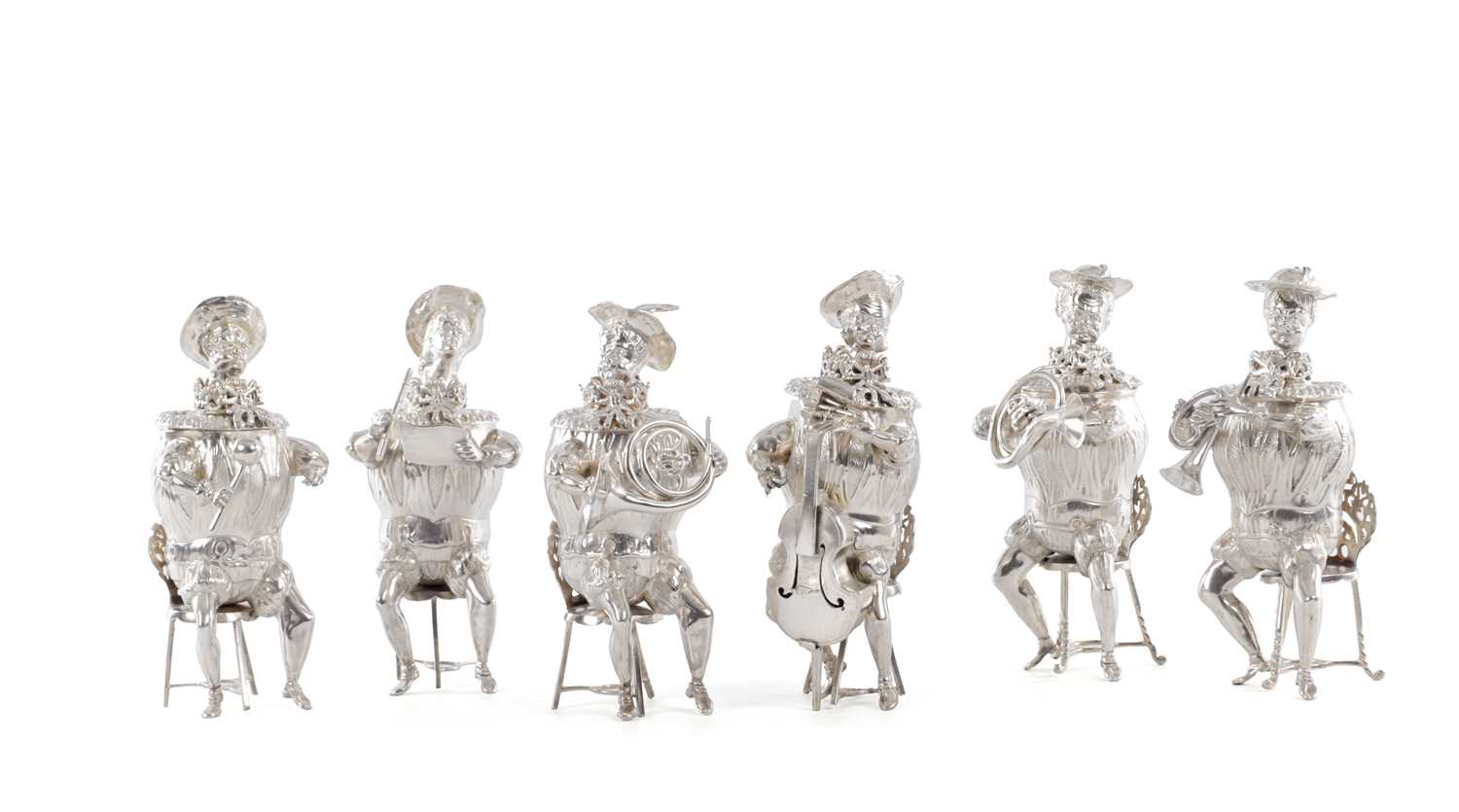 Lot 374 - A SET OF 6 CONTINENTAL SILVER NOVELTY FIGURAL DRINKING POTS