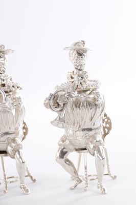 Lot 374 - A SET OF 6 CONTINENTAL SILVER NOVELTY FIGURAL DRINKING POTS