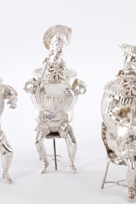Lot 374 - A SET OF 6 CONTINENTAL SILVER NOVELTY FIGURAL DRINKING POTS