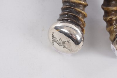 Lot 402 - J ASHERLEIM. A PAIR OF 19TH CENTURY SCOTTISH SILVER MOUNTED HORN TOASTING FORKS