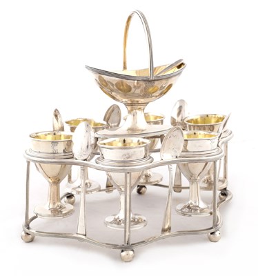 Lot 398 - MICHAEL PLUMMER, LONDON. A GEORGE III SILVER SIX-PIECE EGG CRUET