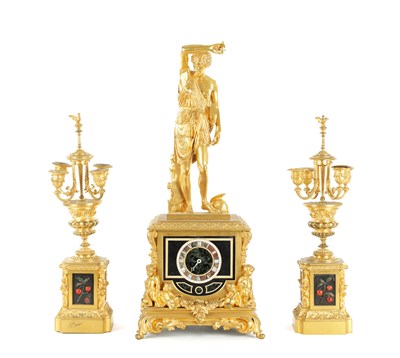 Lot 952 - A 19TH CENTURY FRENCH ORMOLU AND PIETRA DURA, HARDSTONE MOUNTED FIGURAL CLOCK GARNITURE