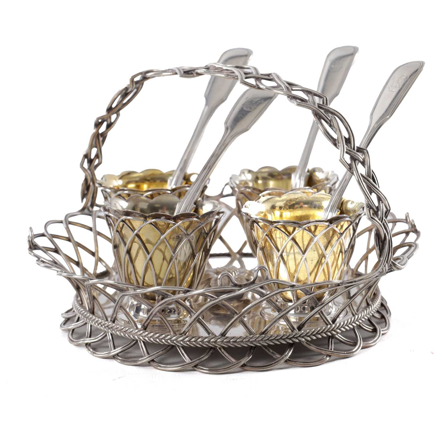 Lot 384 - EDWARD JUNIOR, JOHN AND WILLIAM BARNARD, LONDON. A VICTORIAN SILVER EGG CRUET SET