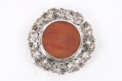Lot 385 - MORTIMER & HUNT, LONDON. A VICTORIAN MAHOGANY AND SILVER BOTTLE COASTER