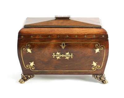 Lot 696 - A GEORGIAN SARCOPHAGUS ROSEWOOD TEA CADDY