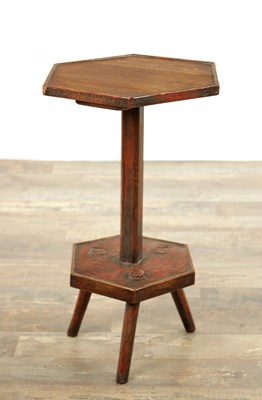 Lot 1140 - AN 18TH CENTURY OAK AND PAINTED CORNISH CANDLE STAND
