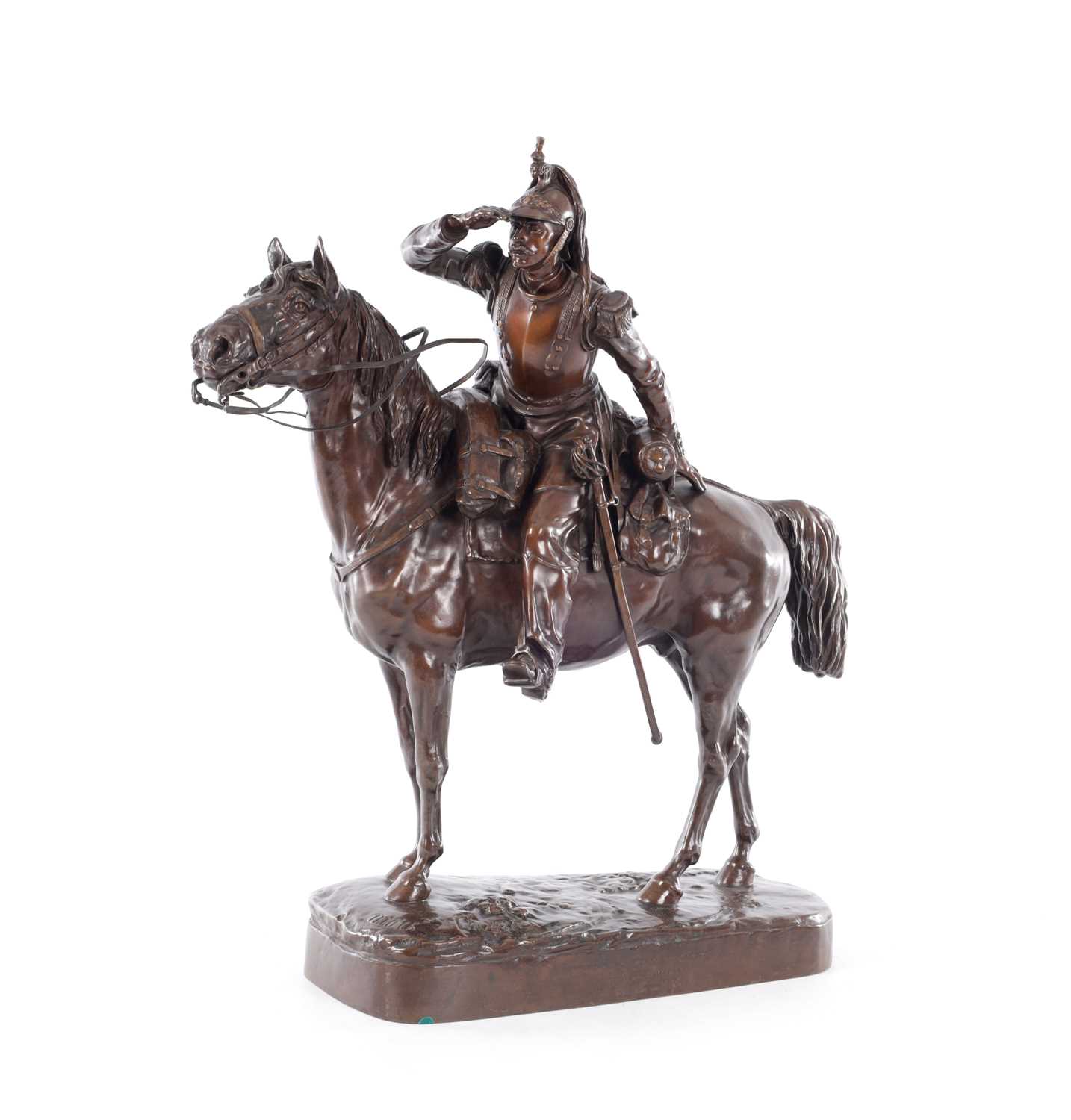 Lot 615 - MATHILDE THOMAS-SOYER (FRENCH 1858-1940). A GOOD FRENCH BRONZE SCULPTURE DEPICTING A CUIRASSIER ON HORSEBACK