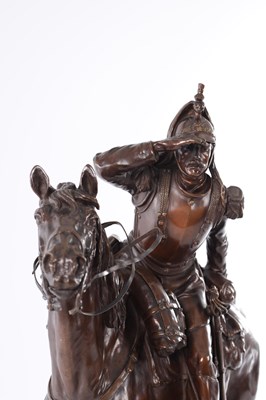 Lot 615 - MATHILDE THOMAS-SOYER (FRENCH 1858-1940). A GOOD FRENCH BRONZE SCULPTURE DEPICTING A CUIRASSIER ON HORSEBACK