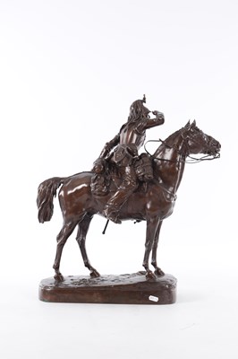 Lot 615 - MATHILDE THOMAS-SOYER (FRENCH 1858-1940). A GOOD FRENCH BRONZE SCULPTURE DEPICTING A CUIRASSIER ON HORSEBACK