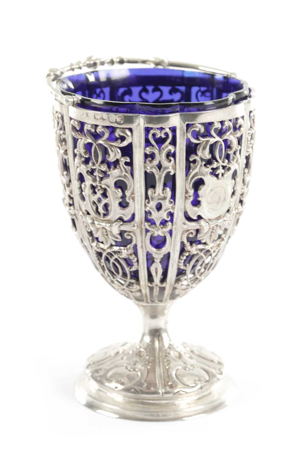 Lot 375 - A LATE 18TH/19TH STERLING SILVER AND BLUE GLASS SUGAR BOWL