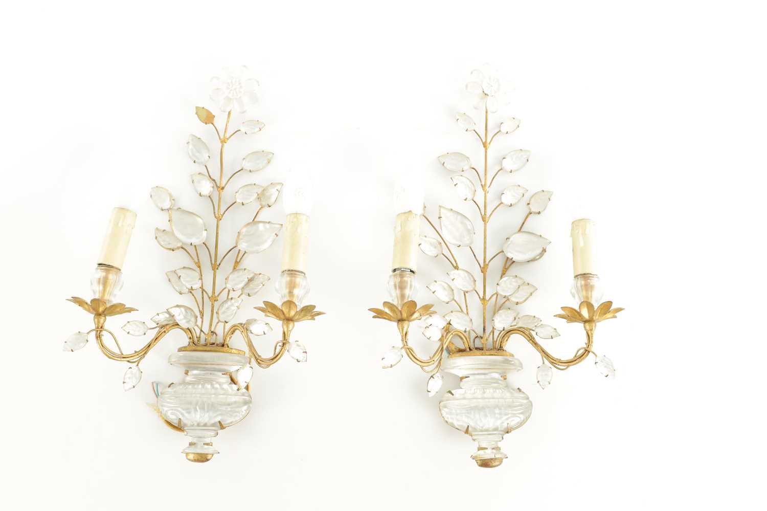 Lot 689 - MAISON BAGUES. A PAIR OF FLORAL GLASS WALL SCONCES