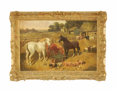 Lot 911 - JOHN FREDERICK HERRING JR. (1820-1907) HORSES IN THE FARMYARD OIL ON CANVAS