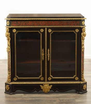 Lot 1251 - A GOOD 19TH CENTURY BRASS INLAID AND ORMOLU MOUNTED TORTOISESHELL BOULLE AND EBONISED SIDE CABINET