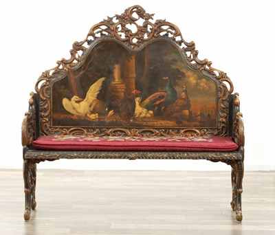 Lot 1219 - A 19TH CENTURY PAINTED CARVED WOOD DUTCH HALL BENCH
