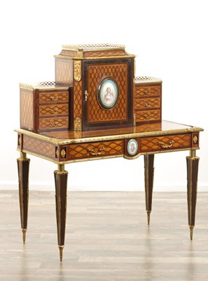 Lot 1294 - A FINE 19TH CENTURY PORCELAIN PANELLED AND ORMOLU MOUNTED PARQUETRY BONHEUR DU JOUR IN THE MANNER OF DONALD ROSS
