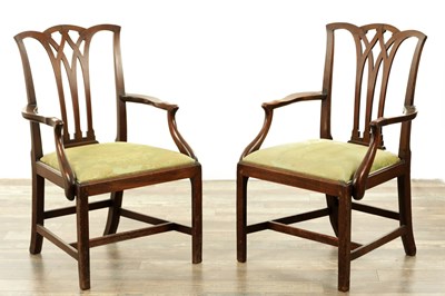 Lot 1227 - A PAIR OF GEORGE III MAHOGANY DESK CHAIRS OF CHIPPENDALE DESIGN