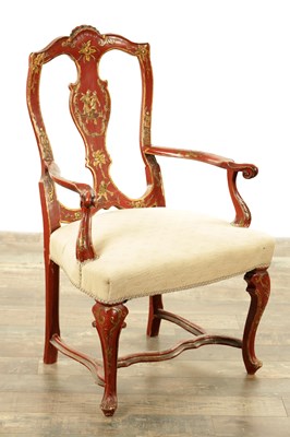 Lot 1310 - A GOOD GEORGE II STYLE SCARLETT LAQUER CHINOISERIE ARMCHAIR IN THE MANNER OF CHARLES GRENDEY