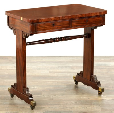 Lot 1289 - A REGENCY FIGURED MAHOGANY LIBRARY TABLE OF SMALL SIZE IN THE MANNER OF GILLOWS