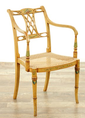 Lot 1338 - A LATE 18TH CENTURY SHERATON PERIOD PAINTED BERGERE SIDE CHAIR