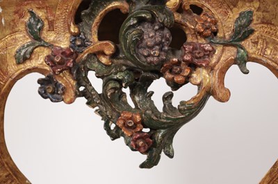 Lot 1201 - AN 18TH CENTURY ITALIAN CARVED GILTWOOD AND POLYCHROME DECORATED CONSOLE TABLE OF SMALL SIZE