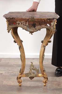 Lot 1201 - AN 18TH CENTURY ITALIAN CARVED GILTWOOD AND POLYCHROME DECORATED CONSOLE TABLE OF SMALL SIZE