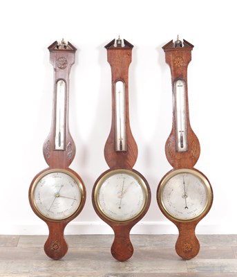 Lot 116 - A SELECTION OF THREE GEORGE III SHERATON MAHOGANY WHEEL BAROMETERS