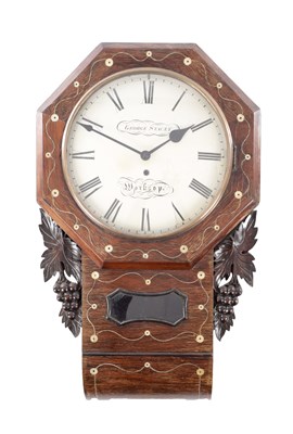 Lot 387 - A 19TH CENTURY ROSEWOOD AND MOTHER OF PEARL INLAID WALL CLOCK