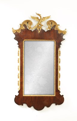 Lot 1333 - A GOOD GEORGE II WALNUT AND PARCEL GILT HANGING MIRROR