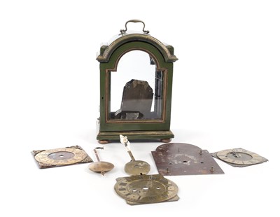 Lot 213 - A LACQUERED BRACKET CLOCK CASE WITH ASSOCIATED FUSEE MOVEMENT AND VARIOUS DIAL PLATES AND SPANDRELS