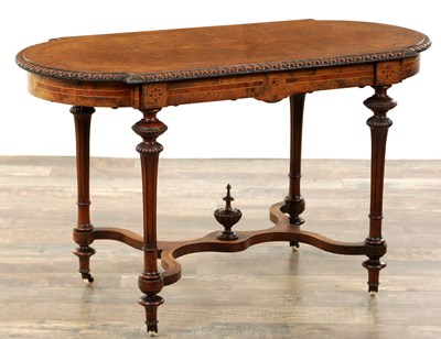 Lot 253 - A GOOD 19TH CENTURY BURR WALNUT AND MARQUETRY INLAID CENTRE TABLE IN THE MANNER OF LAMBS IN MANCHESTER