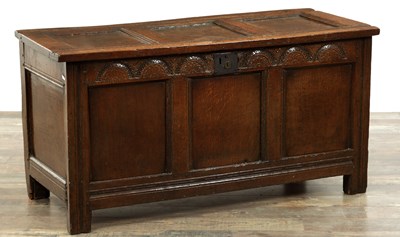 Lot 379 - A 17TH CENTURY OAK PANELLED COFFER