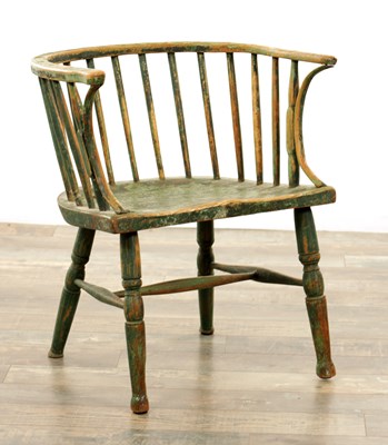 Lot 1165 - AN 18TH CENTURY GREEN PAINTED PRIMITIVE WELSH STICK BACK CHAIR