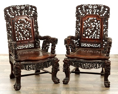 Lot 162 - A GOOD PAIR OF 19TH CENTURY CHINESE CARVED HARDWOOD ARMCHAIRS