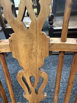 Lot 1280 - A SET OF THREE EARLY 19TH CENTURY YEW WOOD WINDSOR CHAIRS