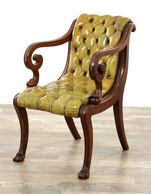 Lot 1348 - A GOOD REGENCY MAHOGANY AND LEATHER UPHOLSTERED LIBRARY CHAIR IN THE MANNER OF THOMAS HOPE