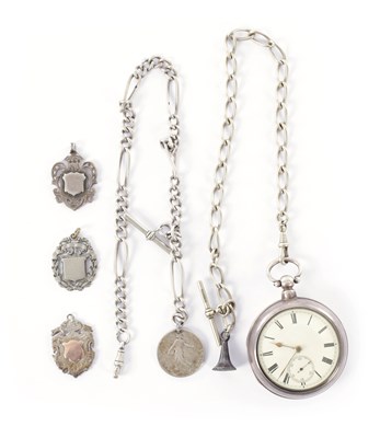 Lot 318 - J.H. CLARKE, KELSO. A PAIR CASED SILVER POCKET WATCH AND CHAINS PLUS FOBS