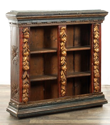 Lot 1236 - AN UNUSUAL 19TH CENTURY POLYCHROME PAINTED OPEN BOOKCASE