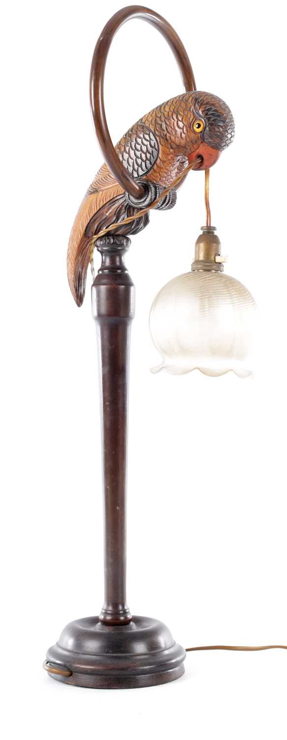 Lot 560 - AN UNUSUAL EARLY 20TH CENTURY NOVELTY PARROT CARVED WOOD TABLE LAMP