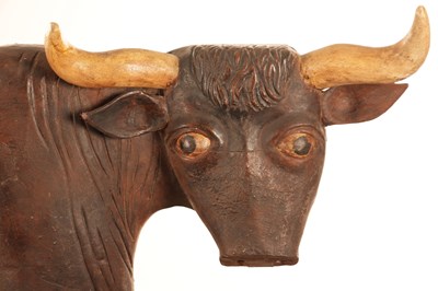 Lot 664 - A LARGE HALF LIFE SIZE RARE 19TH CENTURY CARVED AND PAINTED LONGHORN BULL