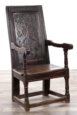 Lot 1252 - AN EARLY 17TH CENTURY WEST COUNTRY OAK WAINSCOT CHAIR