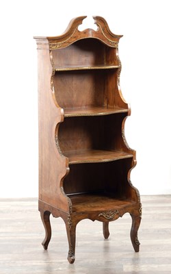 Lot 1239 - A 19TH CENTURY FRENCH FIGURED WALNUT AND ORMOLU MOUNTED OPEN BOOKCASE